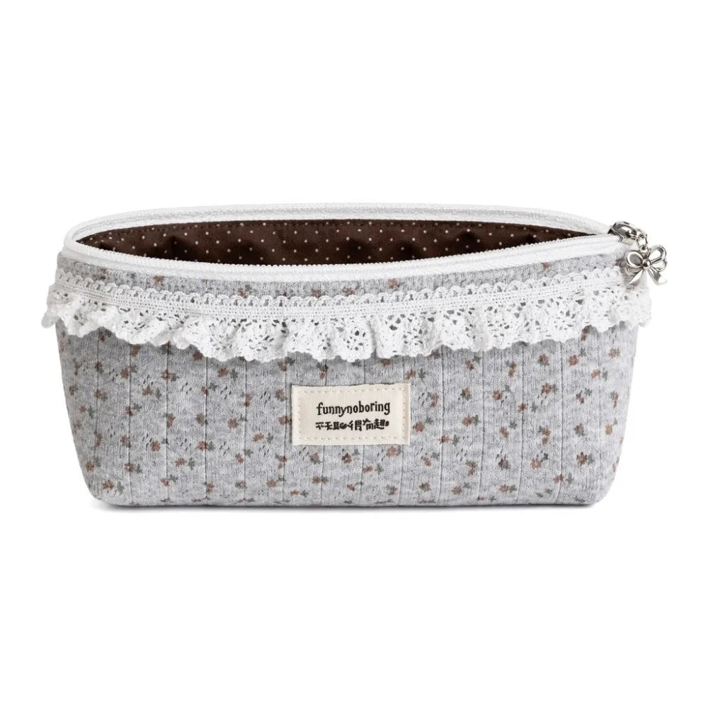 Floral Lace Pencil Case – Large Capacity Grey Pouch
