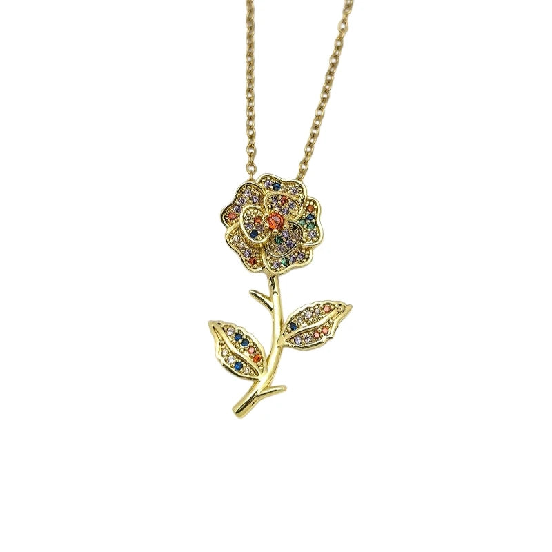 Zircon Flower Pendant Necklace | Gold Stainless Steel | Nixie Pendant Necklace Nixie