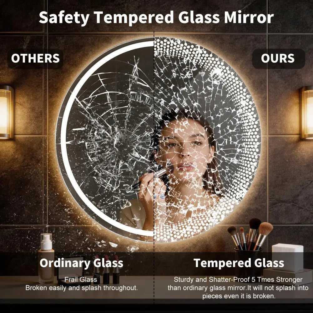 Round LED Bathroom Mirror – Anti-Fog, Dimmable, 3 Color Temps