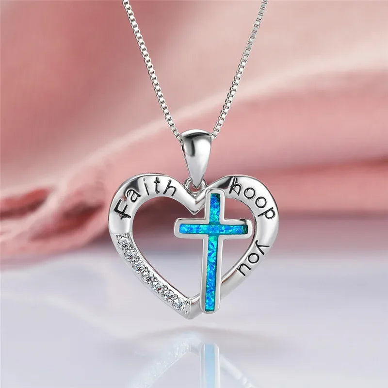 Silver Blue Simulated Opal Heart Cross Pendant Necklace Pendant Necklace Nixie