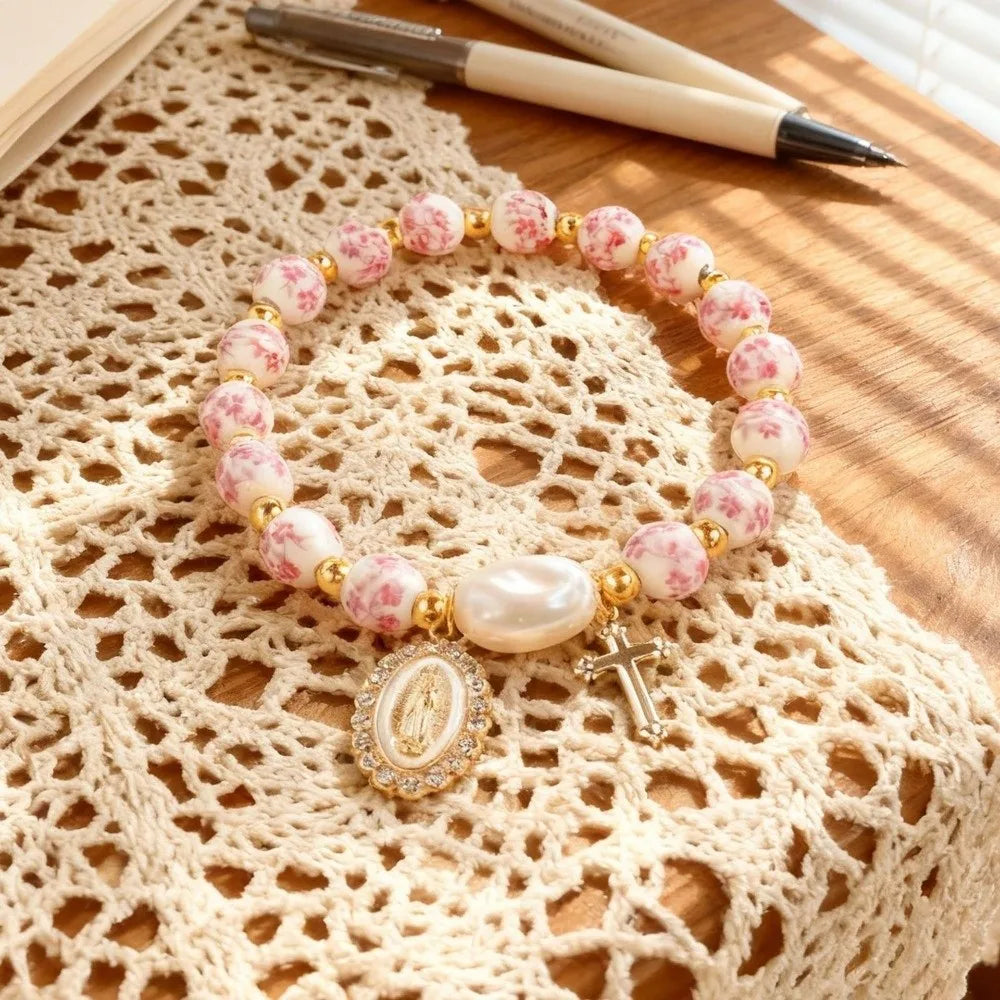 Blue & White Porcelain Ceramic Pearl Bracelet – Vintage Elastic Beaded Bracelet Nixie