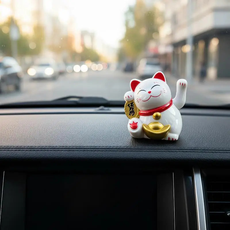 Solar Powered Waving Lucky Cat Figurine – 2" Desk Ornament Desk Figurine Ornament Nixie