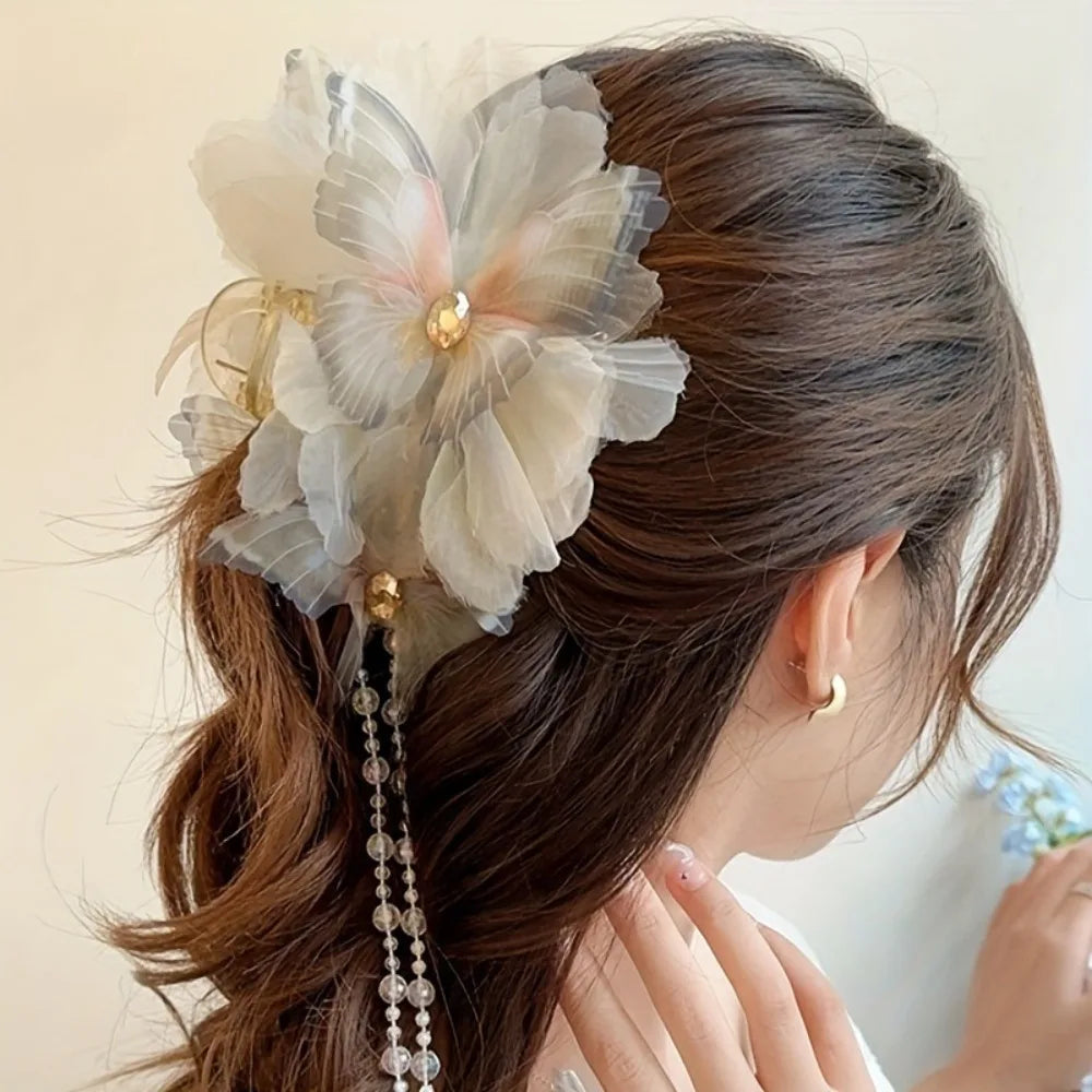 Butterfly Beads Tassel Sparkling Hair Claw Clip for Women Hair Claw Clip Nixie White