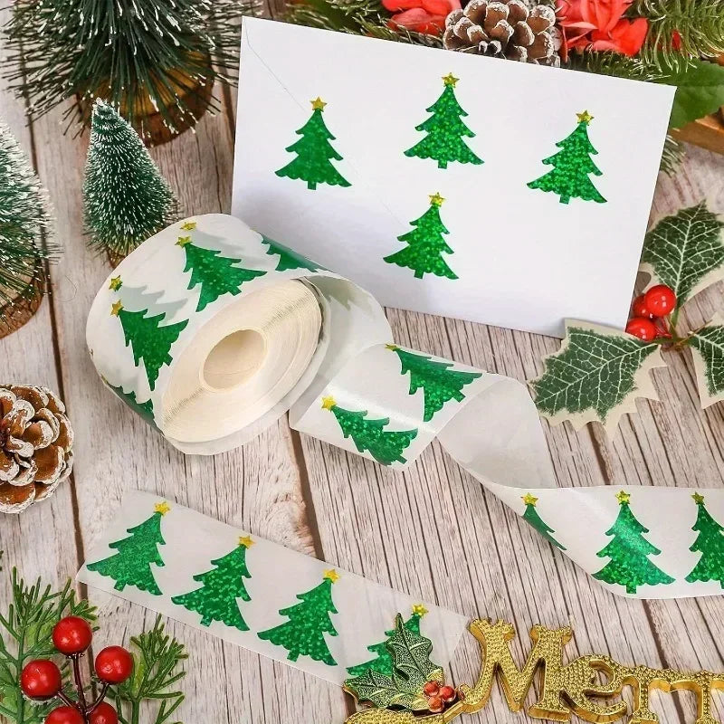 500Pcs Laser Christmas Tree Stickers – Waterproof Sealing Labels