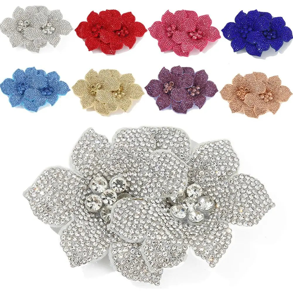 3D Camellia Rhinestone Flower Patch – Sparkling Brooch Appliqué