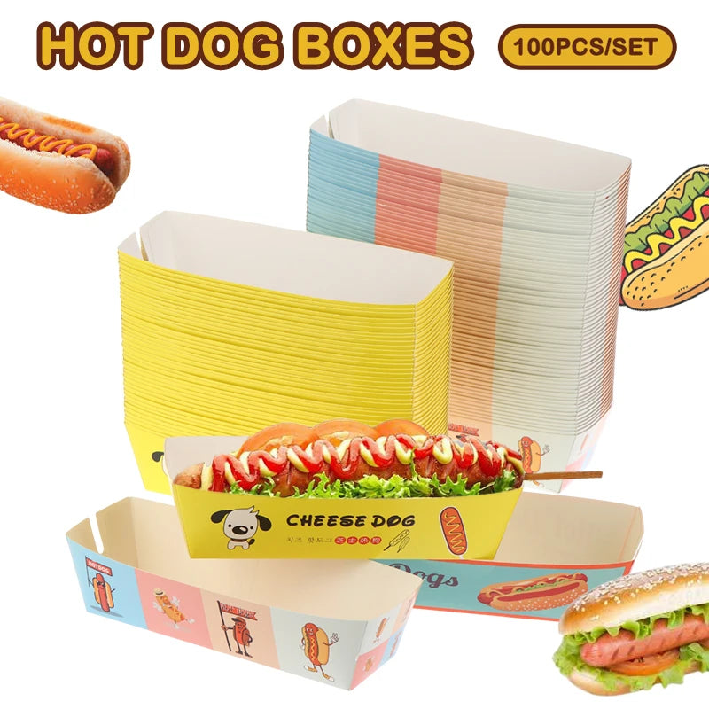 100pcs No-Fold Hot Dog Paper Boxes – Disposable Food Trays Disposable Food Tray Nixie