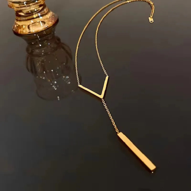 Gold Stainless Steel V-Shape Tassel Bar Collarbone Necklace Fashion Necklace Nixie