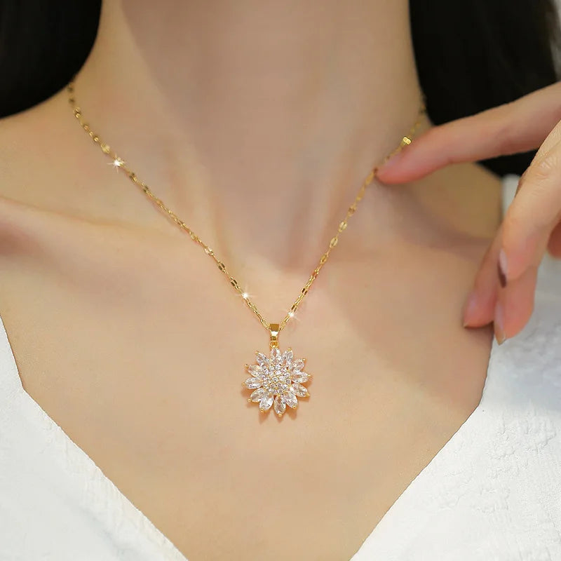 Sunflower Pendant Choker Necklace – Gold Stainless Steel Pendant Necklace Nixie