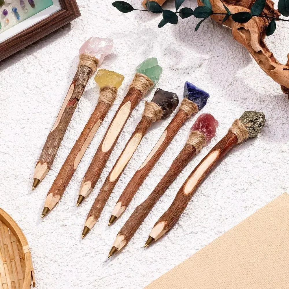 Handmade Natural Crystal Ballpoint Pen – Wooden Wand Writing Pen Crystal Wand Pen Nixie