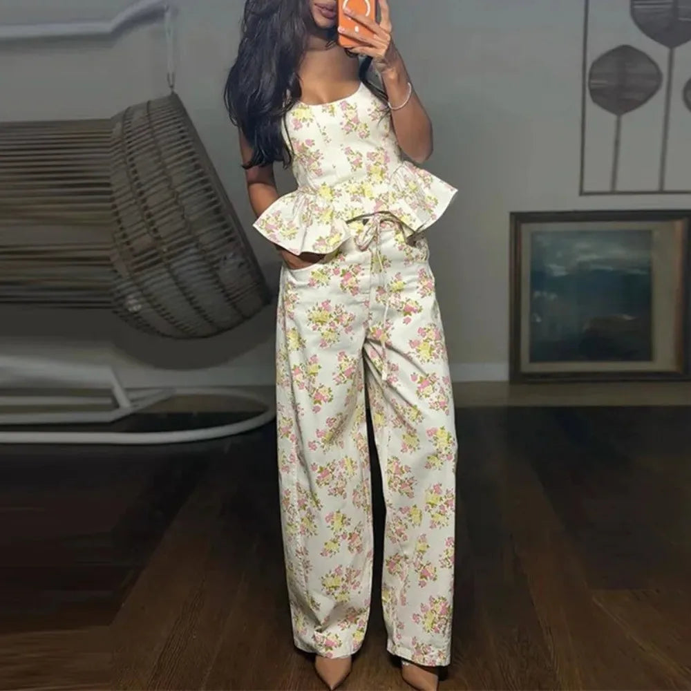 Women's Ruffle Crop Top & Wide Leg Pants Set | Summer 2-Piece Women's Outfit Set Nixie