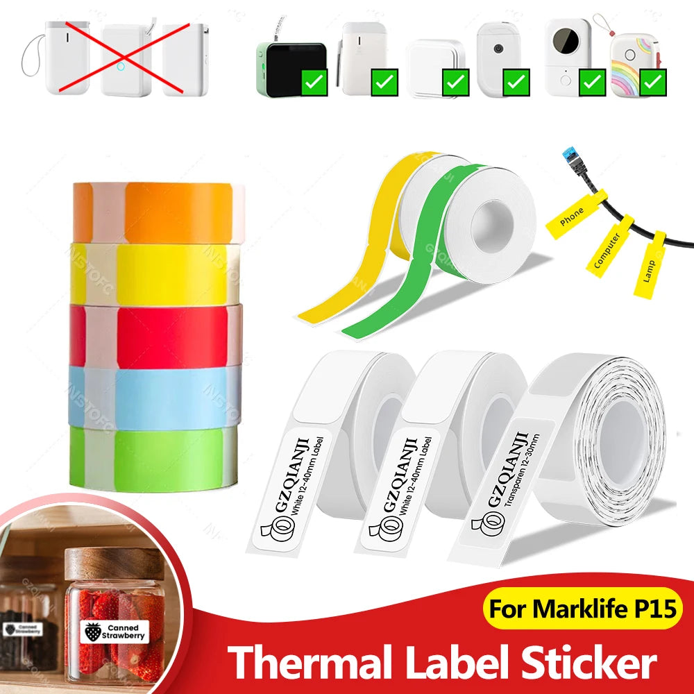 Thermal Label Tape 12–15mm Roll for Marklife P11 P12 DELI Q2 D30