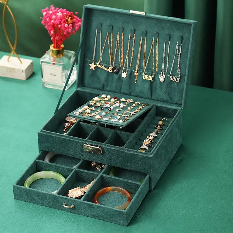 Luxury Vintage Dark Green Velvet Jewelry Box | Large Capacity Jewelry Storage Box Nixie