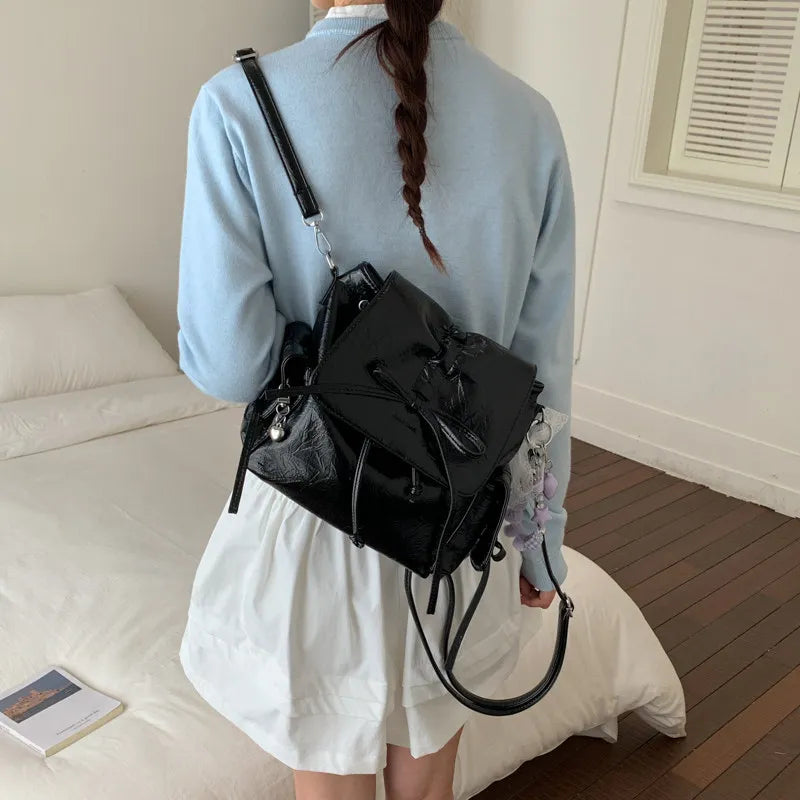 Women's Bow-Tie PU Crossbody Backpack | Multi-Wear Korean Style Crossbody Backpack Nixie Black (No Charm)