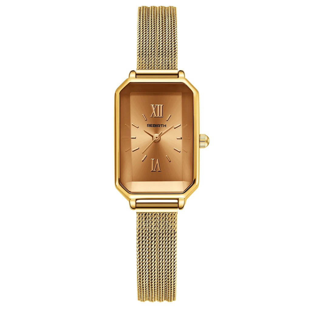 Women's Vintage French Mesh Strap Square Watch | Roman Numeral Women's Fashion Watch Nixie Gold