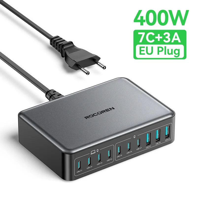 Rocoren 400W GaN Charger 10-Port USB-C Desktop Power Station