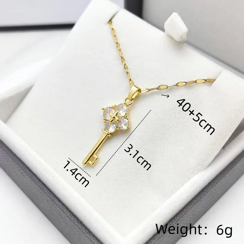 Key Copper Pendant Rhinestone Necklace | Steel Clavicle Chain Pendant Necklace Nixie
