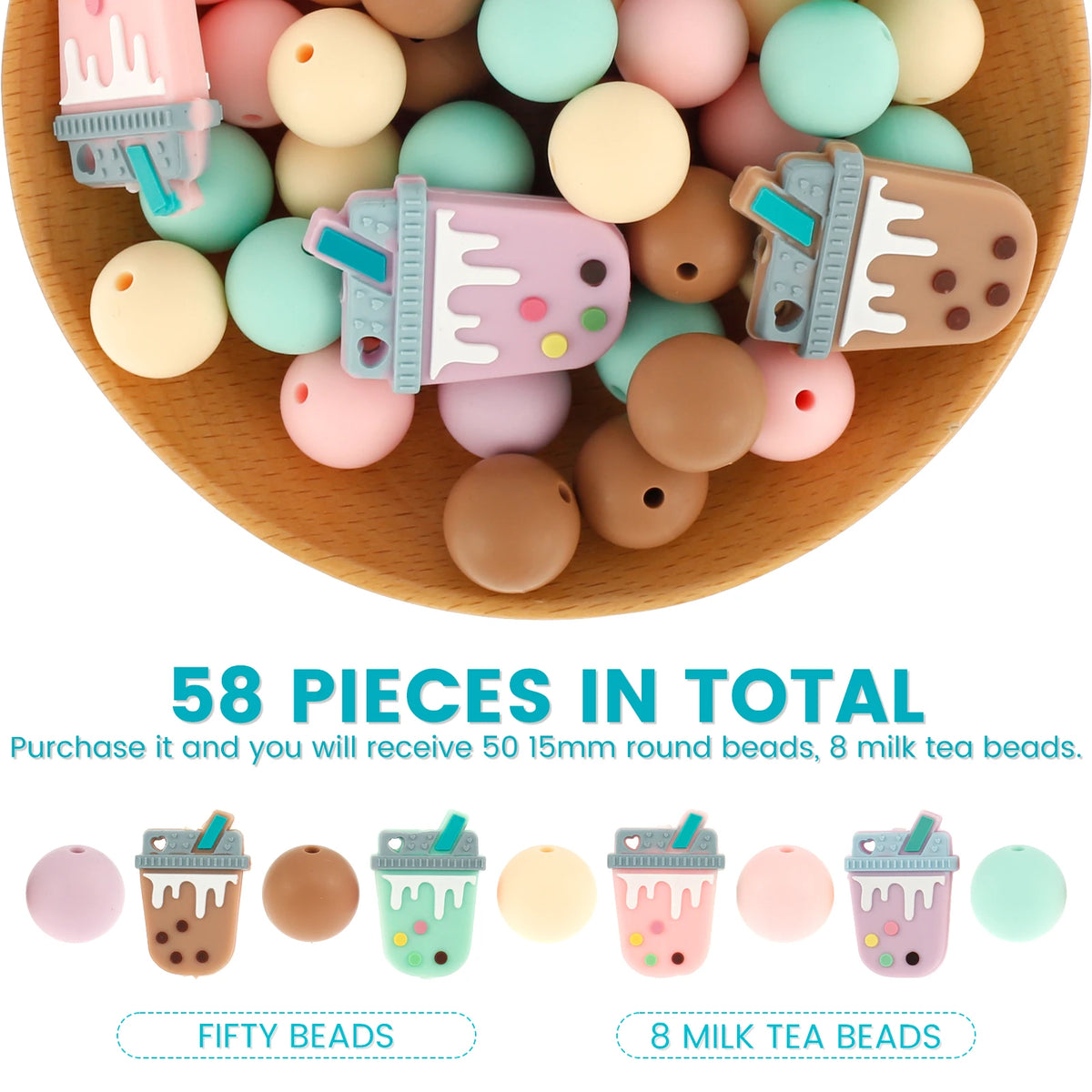 58 Pcs Silicone Beads Bulk – 15mm Round & Bubble Tea Shapes DIY Craft Beads Nixie