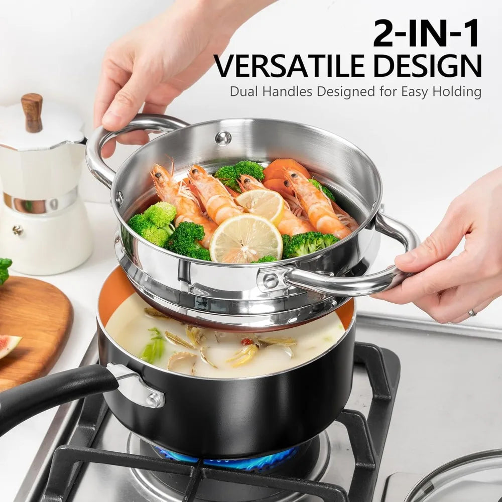 MICHELANGELO 1QT & 2QT Ceramic Non-Stick Pot Set + Steamer Ceramic Cookware Set Nixie