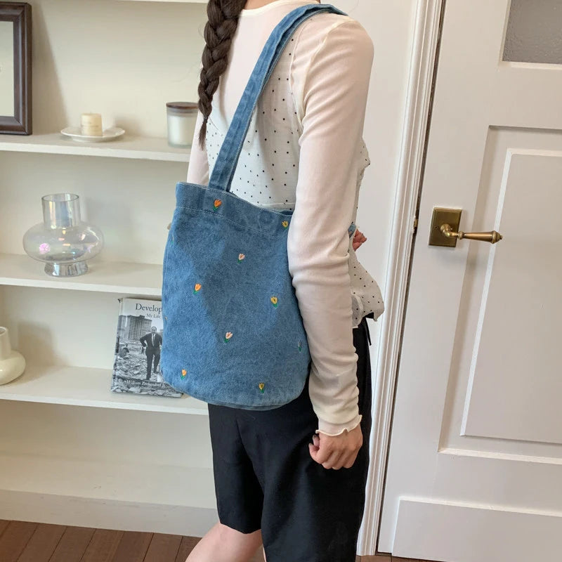 Cherry Embroidered Denim Bucket Bag – Large Tote Crossbody Denim Bucket Bag Nixie