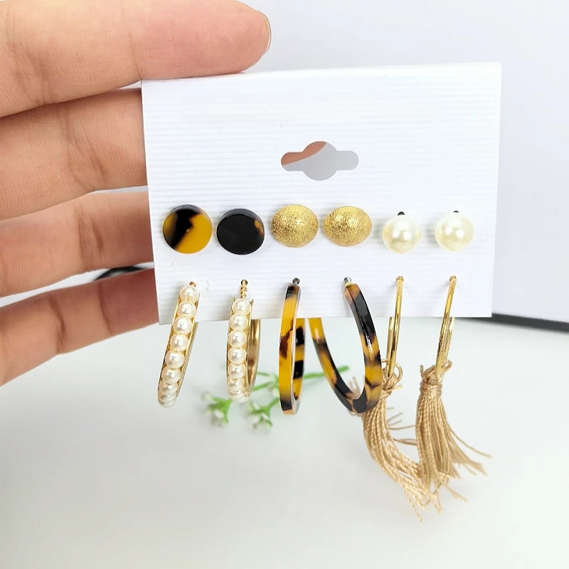 Pearl Tassel Drop Earrings Set – Trendy Imitation Pearl Hoops