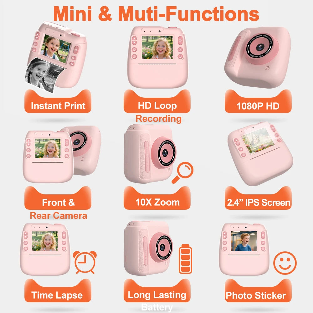 INSTOFC Kids Instant Print Camera 1080P HD Thermal Printer Kids Instant Camera Nixie