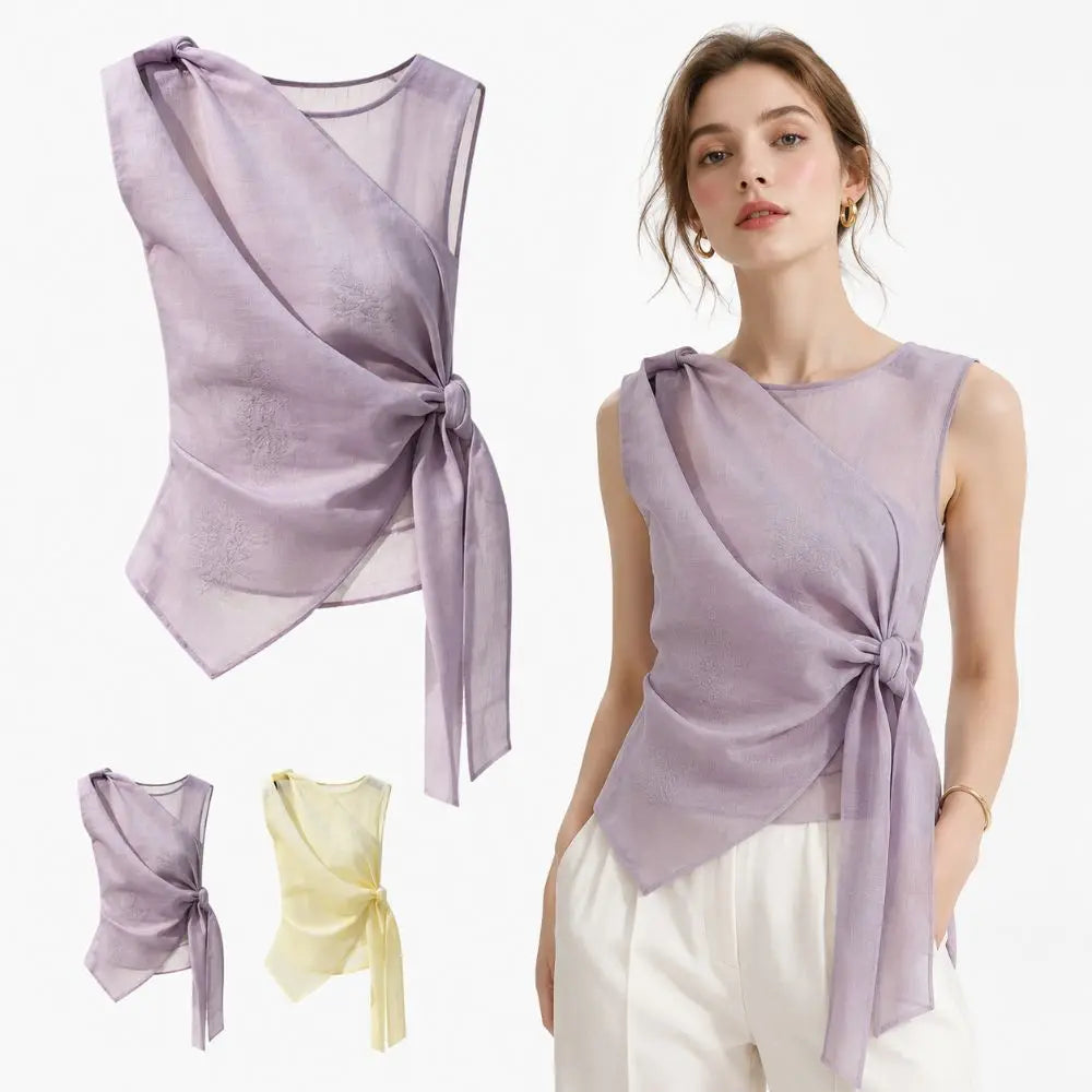 Women's Sleeveless Tulle Tie-Front Top | Elegant Chinese Style Sleeveless Vest Top Nixie