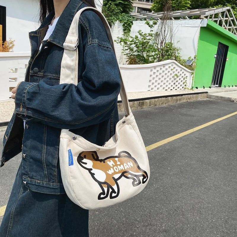 Japanese Puppy Print Canvas Crossbody Tote Bag – Unisex Canvas Crossbody Bag Nixie