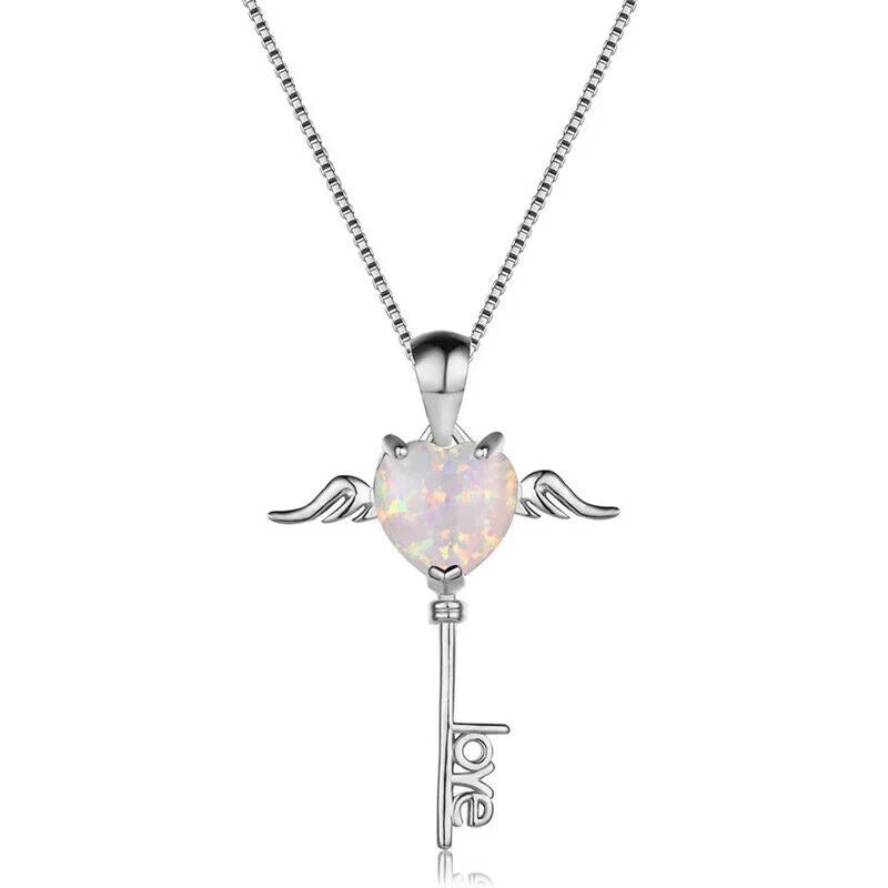 Silver Key Heart Simulated Opal Pendant Necklace for Women Pendant Necklace Nixie