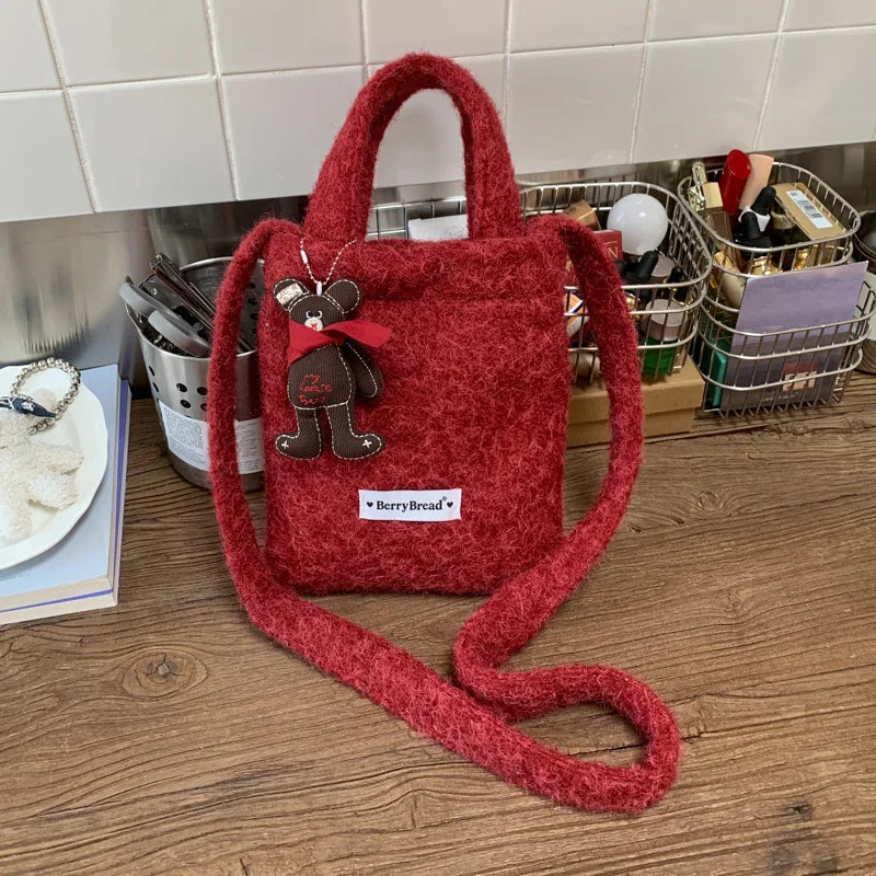 Women's Plush Mini Crossbody Bag | Korean Style Cute Shoulder Bag Plush Crossbody Bag Nixie Red