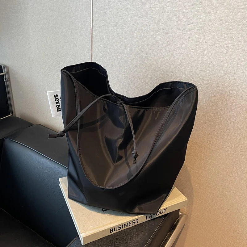 Women's Large Nylon Bucket Tote Shoulder Bag | Minimalist Bucket Tote Bag Nixie BB-291-Black