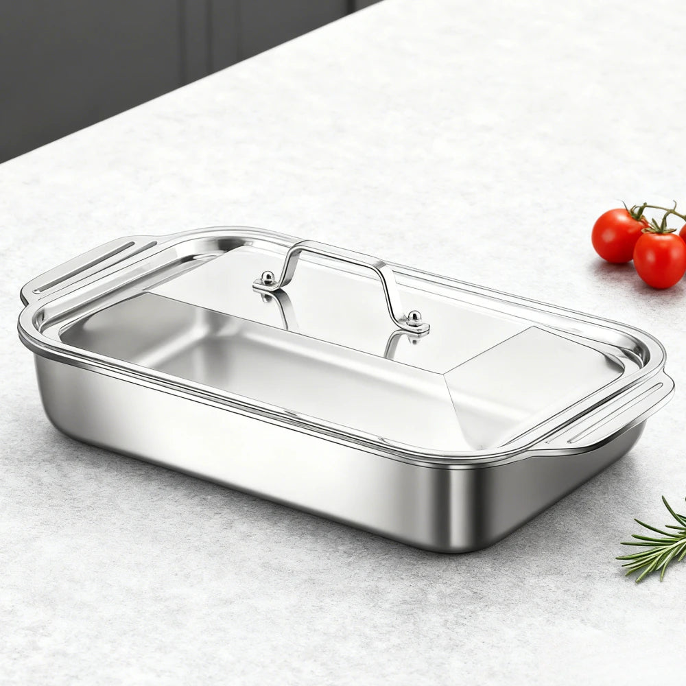 Stainless Steel Deep BBQ Baking Pan with Lid | Camping & Home BBQ Baking Pan Nixie