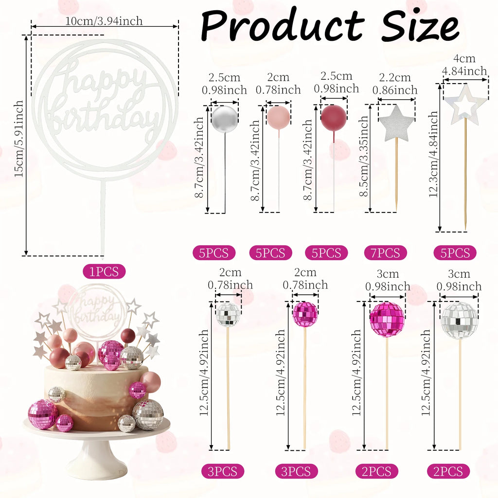 Disco Ball Cake Topper Set – Birthday & Party Decoration Cake Topper Set Nixie pink