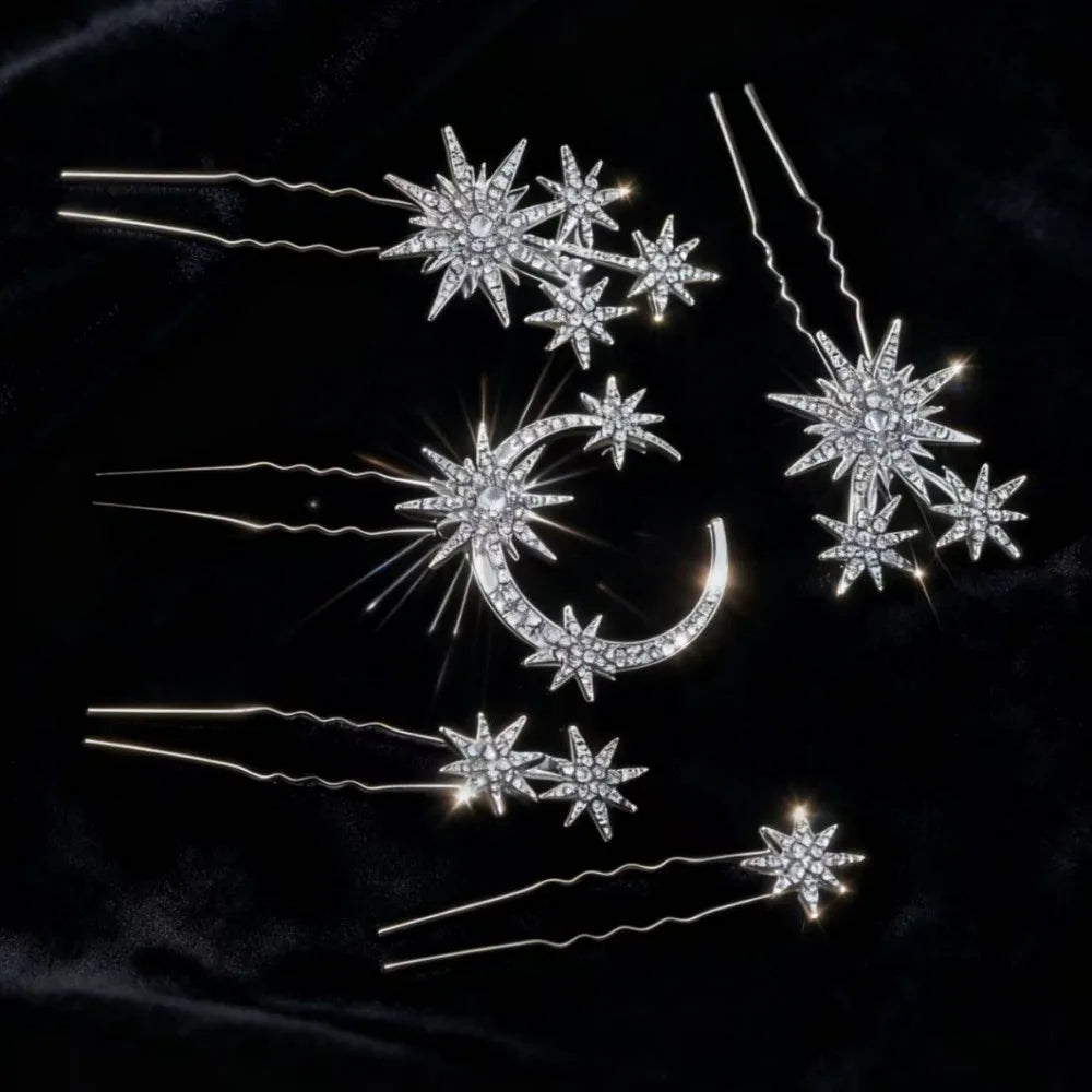 5-Piece Rhinestone Retro Hairpin Set – Star Moon Snowflake Rhinestone Hair Clips Nixie Silver