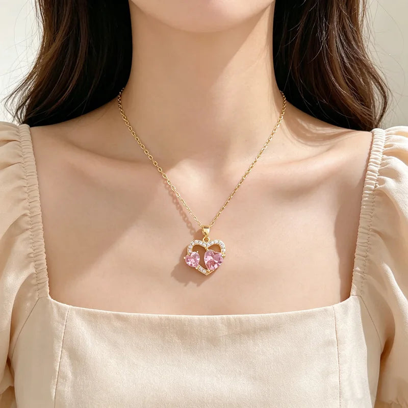 Heart Zirconia Pendant Necklace | Gold Stainless Steel Chain Pendant Necklace Nixie