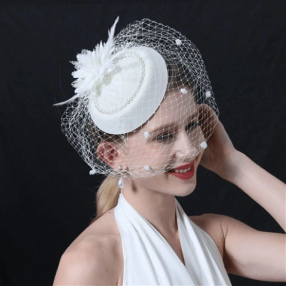 Bridal Pillbox Hat Vintage Mesh Veil Pearl Flower Women Bridal Pillbox Hat Nixie