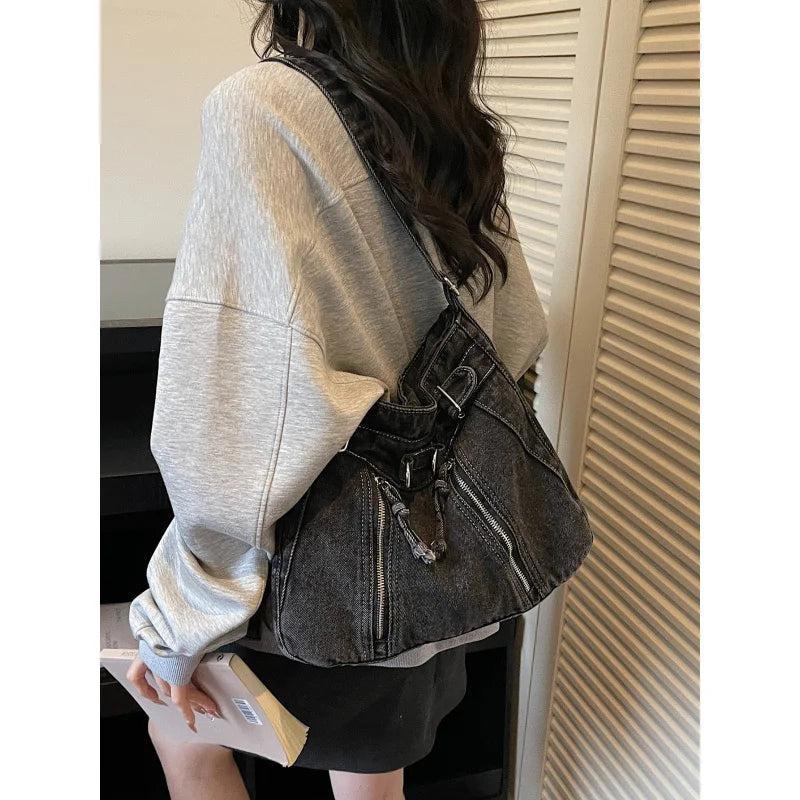 Vintage Denim Tote Bag – Large Crossbody Shoulder Bag Denim Tote Bag Nixie