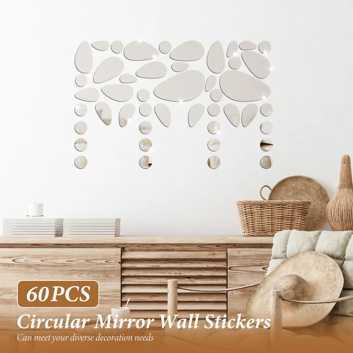 60Pcs Pebble Acrylic Mirror Wall Stickers – Self-Adhesive Tiles Mirror Wall Stickers Nixie
