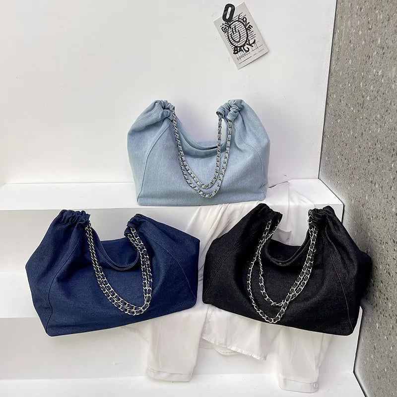 Women's Large-Capacity Denim Chain Shoulder Tote Bag Denim Shoulder Bag Nixie
