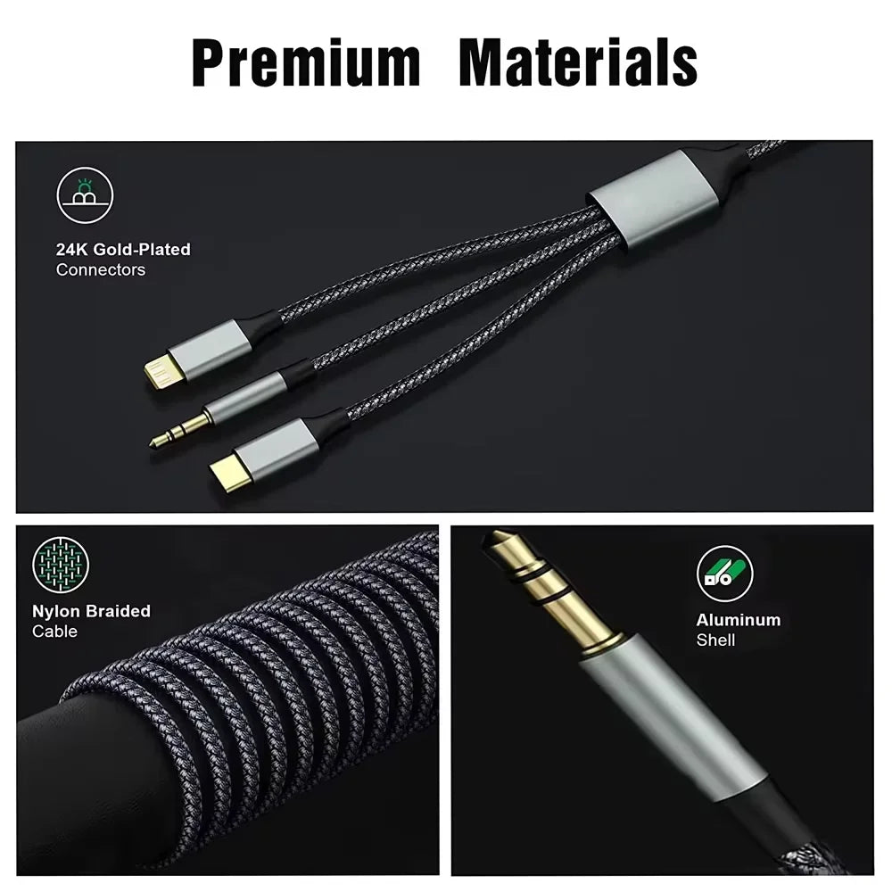 3-in-1 USB-C Lightning to 3.5mm Aux Audio Cable | Male to Male Aux Audio Cable Nixie