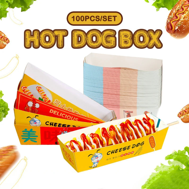 100pcs No-Fold Hot Dog Paper Boxes – Disposable Food Trays Disposable Food Tray Nixie