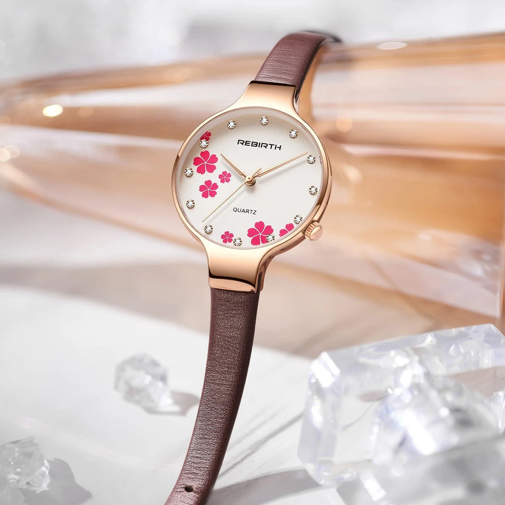 REBIRTH Retro Floral Quartz Watch – Leather Strap, Elegant Quartz Wristwatch Nixie