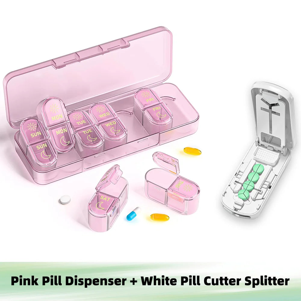 7-Day AM/PM Pill Organizer & 1/2 1/3 1/4 Tablet Cutter Set Pill Organizer Set Nixie Pink and white