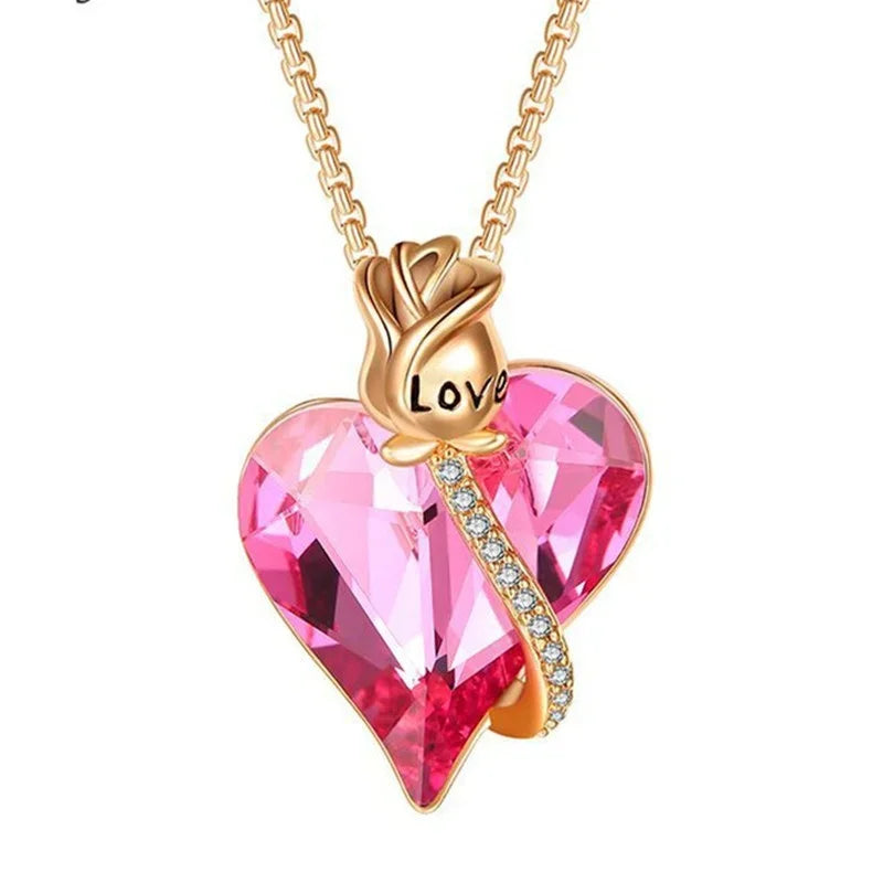Pink Crystal Heart Pendant Necklace | Rose Flower Gift for Women Pendant Necklace Nixie Gold-color Pink