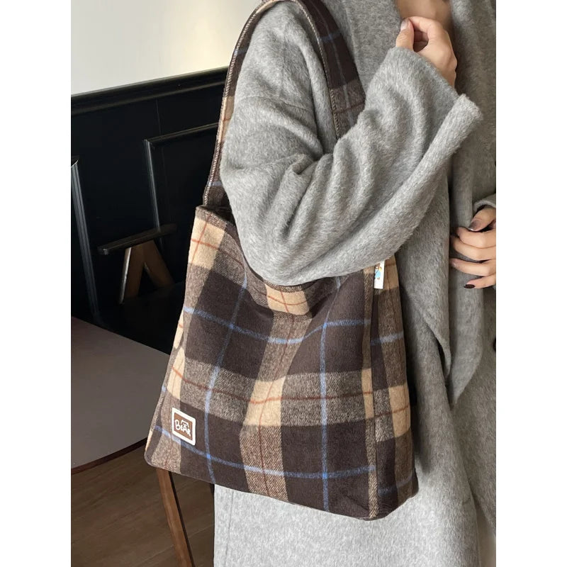 Vintage Plaid Woolen Tote Bag – Large Shoulder Handbag for Women Woolen Tote Bag Nixie