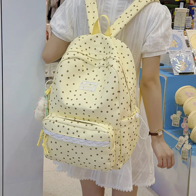 Korean Floral Lace Large-Capacity Backpack for Teen Girls Student Backpack Nixie Yellow