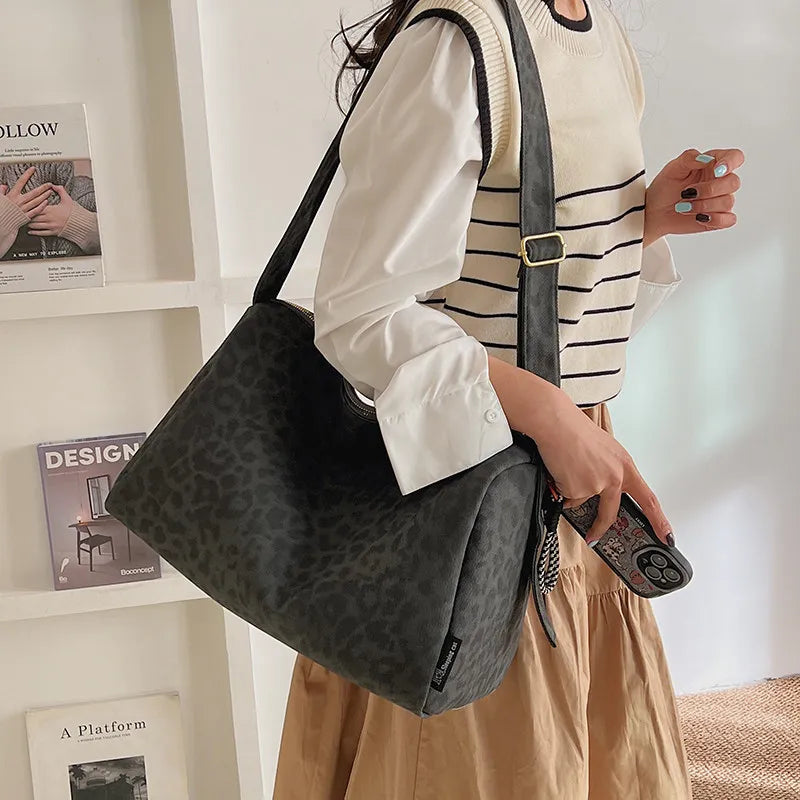 Korean Canvas Leopard Print Crossbody Bag – Large Capacity
