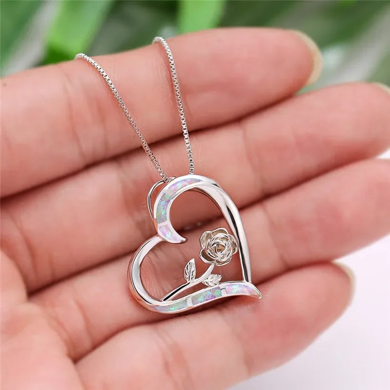 Purple Simulated Opal Heart Pendant Necklace | Rhinestone Heart Pendant Necklace Nixie