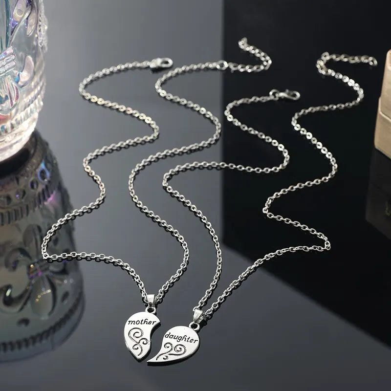 Mother Daughter Antique Silver Heart Pendant Necklace Set 2pcs Pendant Necklace Set Nixie