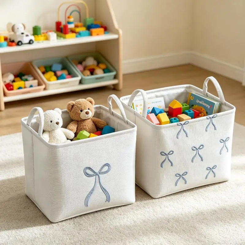 Foldable Fabric Storage Basket with Bow Embroidery & Handles Fabric Storage Basket Nixie