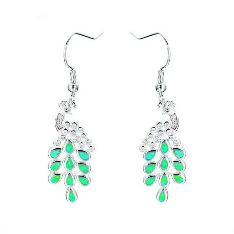 Peacock Silver Simulated Opal Women Long Drop Earrings